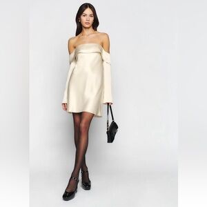 Reformation Cream Off-Shoulder Mini Dress